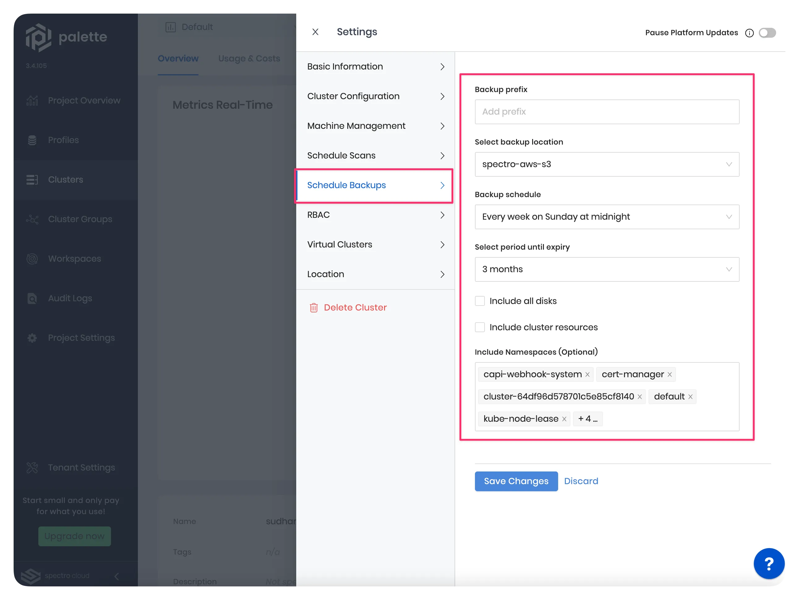 A screenshot highlighting the fields for scheduling a backup for an existing cluster.