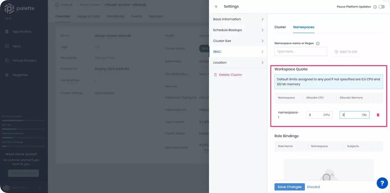 Cluster Settings pane displaying Workspace Quota section of Namespaces tab