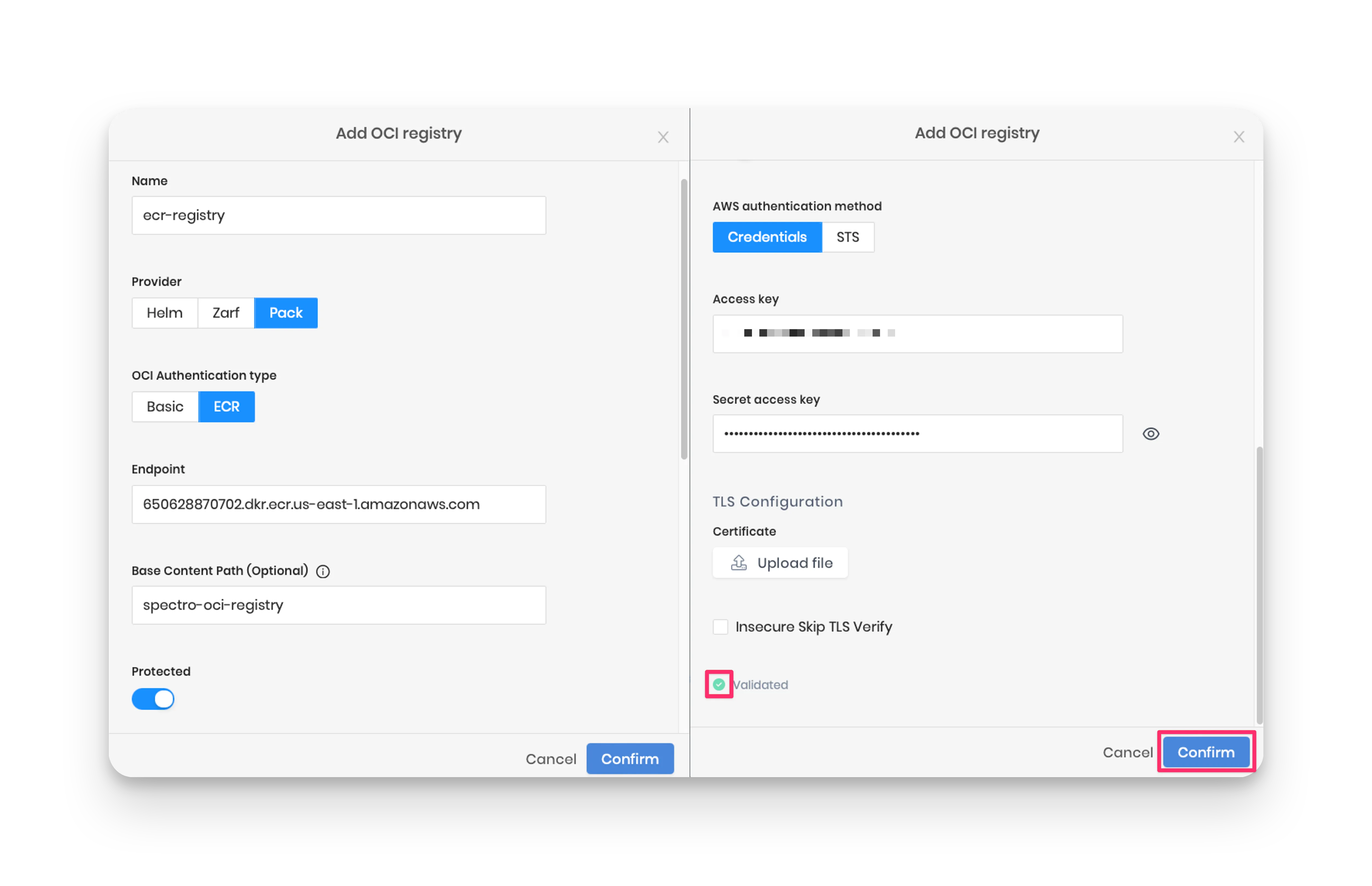 Screenshot of OCI registry fields in Palette tenant settings.